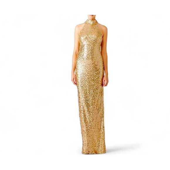 badgley mischka Gold Mix High Neck Gown Size 12 - Picture 1 of 12